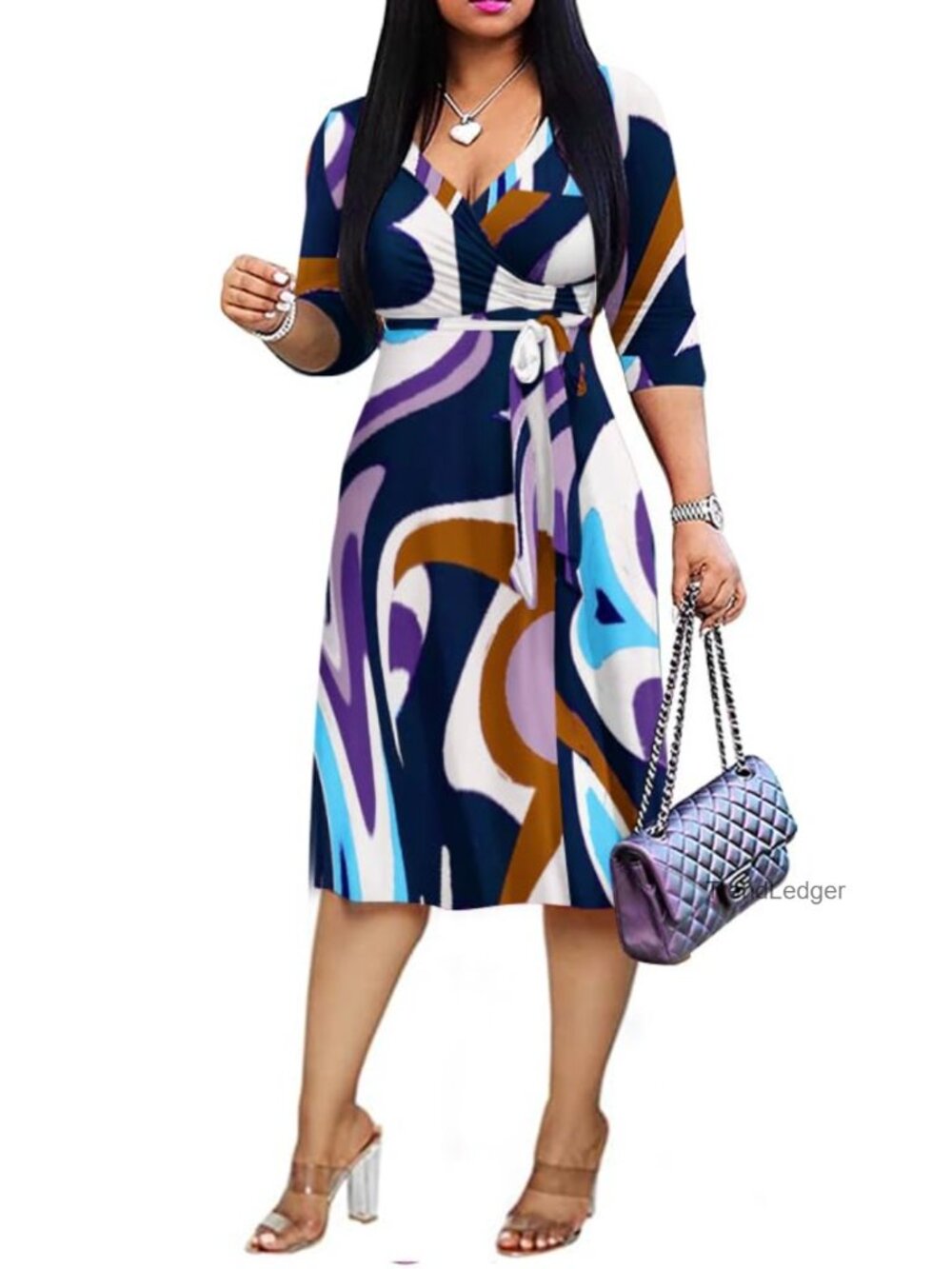Plus Size Faux Wrap Midi Dress 3/4 Sleeve V-Neck Casual Sundress